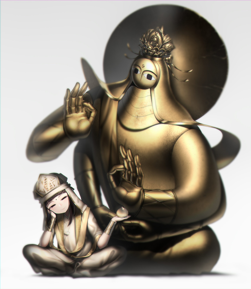 &lt;o&gt;_&lt;o&gt; 1girl bangs bindi blunt_bangs blush bracer brown_eyes brown_hair buddha closed_mouth commentary gradient gradient_background grey_background half-closed_eyes harau head_tilt highres looking_at_viewer meditation original pants robe sitting smile solo statue