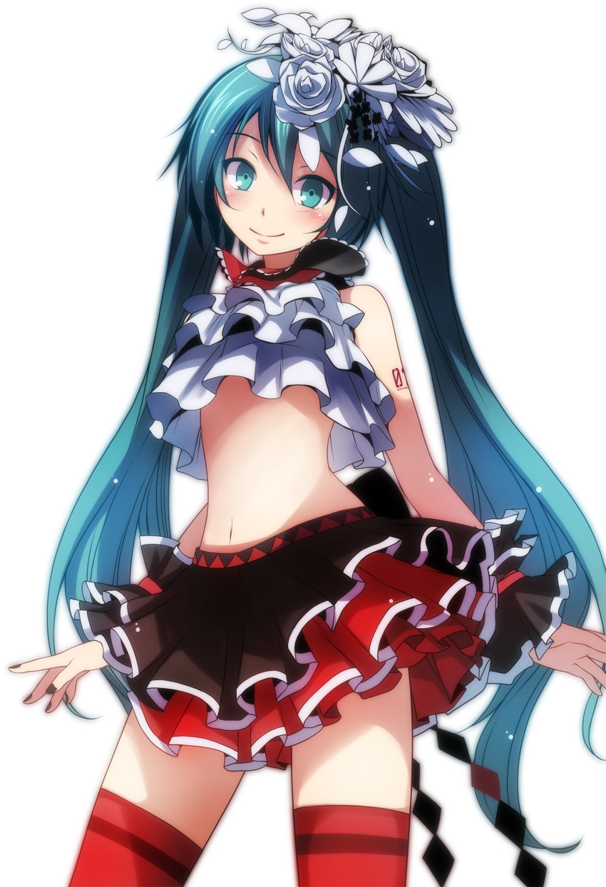 aqua_eyes aqua_hair arm_tattoo arms_at_sides black_nails blush contrapposto flower hair_flower hair_ornament hatsune_miku highres long_hair nail_polish navel project_diva_(series) rose smile tattoo thigh-highs tim_eldred tsukishiro_saika twintails very_long_hair vocaloid white_background white_rose