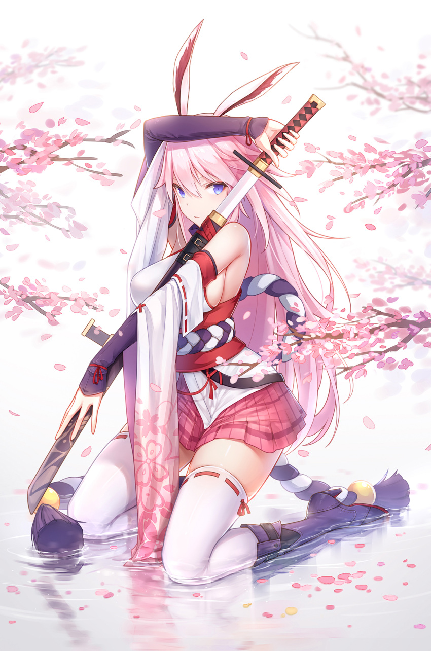 1girl animal_ears arm_up bare_shoulders benghuai_xueyuan black_footwear blue_eyes blurry boots breasts cherry_blossoms closed_mouth depth_of_field detached_sleeves full_body hair_between_eyes highres holding holding_sword holding_weapon japanese_clothes katana kimono knee_boots kneeling kurisu_tina large_breasts long_hair long_sleeves looking_at_viewer obi petals pink_hair pink_skirt pleated_skirt rabbit_ears red_ribbon reflection ribbon ribbon-trimmed_legwear ribbon_trim sash serious sheath short_kimono sideboob skirt solo striped sword tassel thigh-highs thighs tree_branch unsheathing vertical-striped_skirt vertical_stripes very_long_hair water weapon white_background white_kimono wide_sleeves yae_sakura_(benghuai_xueyuan) zettai_ryouiki