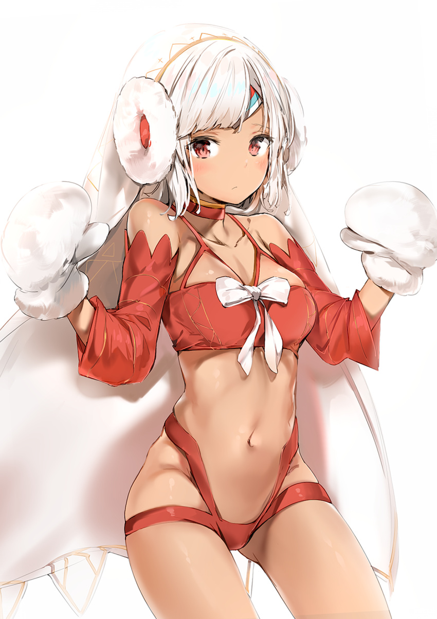 1girl altera_(fate) altera_the_santa bangs bare_shoulders blush breasts cleavage closed_mouth collarbone cowboy_shot dark_skin detached_sleeves earmuffs fate/grand_order fate_(series) gluteal_fold groin hands_up headband highres legs_apart light_frown long_sleeves looking_at_viewer medium_breasts midriff mittens navel red_choker red_eyes revealing_clothes santa_costume shiny shiny_skin short_hair sidelocks silver_(chenwen) silver_hair simple_background skindentation solo standing stomach swept_bangs thighs veil w_arms white_background