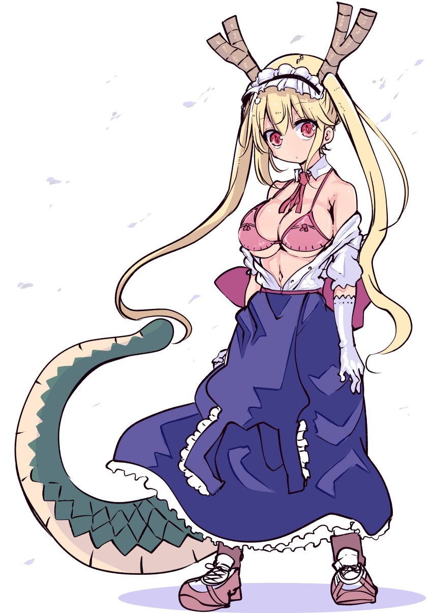 1girl absurdres arms_at_sides bangs bare_shoulders blonde_hair blue_skirt bra breasts cleavage cool-kyou_shinja detached_collar dragon_girl dragon_horns dragon_tail elbow_gloves frilled_skirt frills gloves highres horns kobayashi-san_chi_no_maidragon large_breasts legs_apart long_hair long_skirt maid_headdress navel necktie off_shoulder open_clothes open_shirt pink_bra pink_neckwear red_eyes shirt shoes simple_background sketch skirt slit_pupils sneakers solo tail tareme tooru_(maidragon) twintails unbuttoned unbuttoned_shirt underwear white_background white_gloves white_shirt