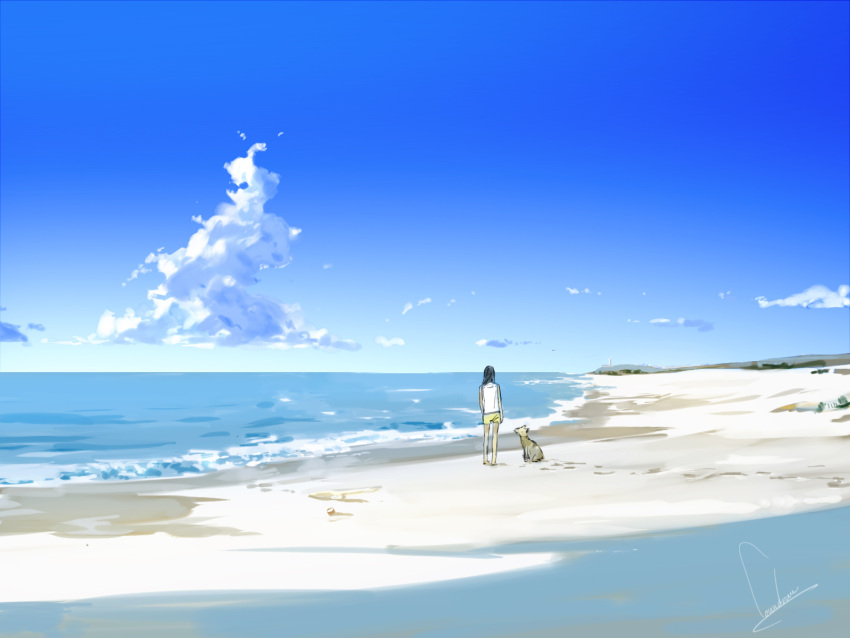 1girl bare_arms bare_shoulders barefoot beach black_hair blue_sky clouds commentary_request day dog facing_away footprints from_behind highres horizon long_hair loundraw ocean original outdoors sand scenery shirt signature sky standing white_shirt