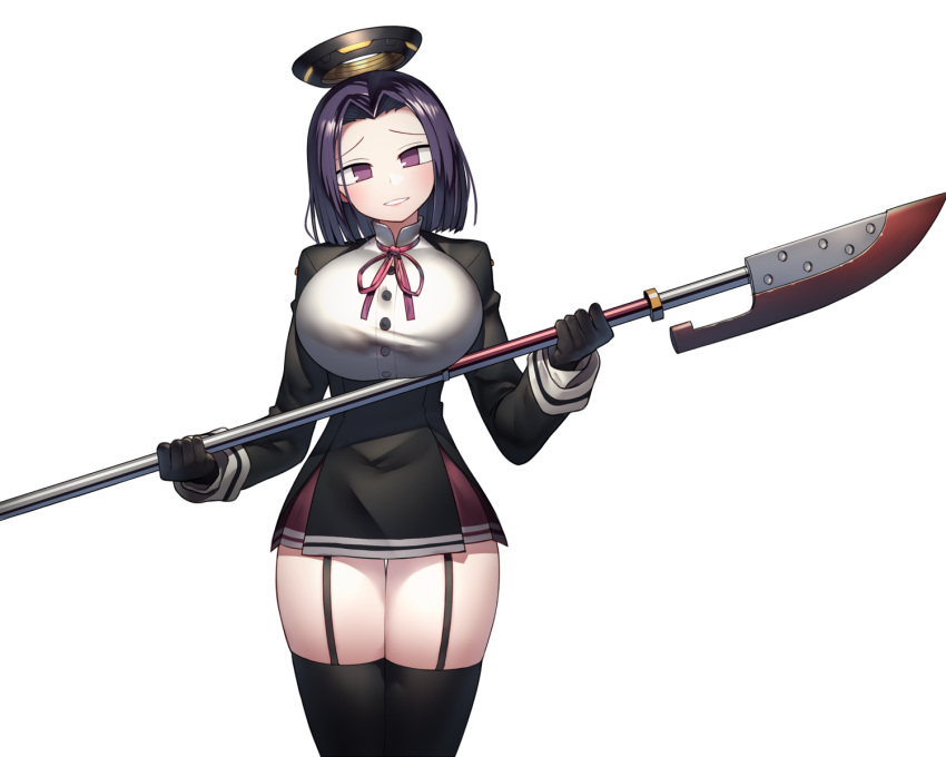 1girl bangs black_gloves black_jacket black_legwear breasts commentary_request cowboy_shot garter_straps gloves halo harau head_tilt highres holding holding_weapon jacket kantai_collection large_breasts lips long_sleeves looking_at_viewer neck_ribbon parted_bangs parted_lips polearm purple_hair red_neckwear red_ribbon ribbon shirt smile standing tatsuta_(kantai_collection) thigh-highs thigh_gap thighs transparent_background two-handed violet_eyes weapon white_shirt