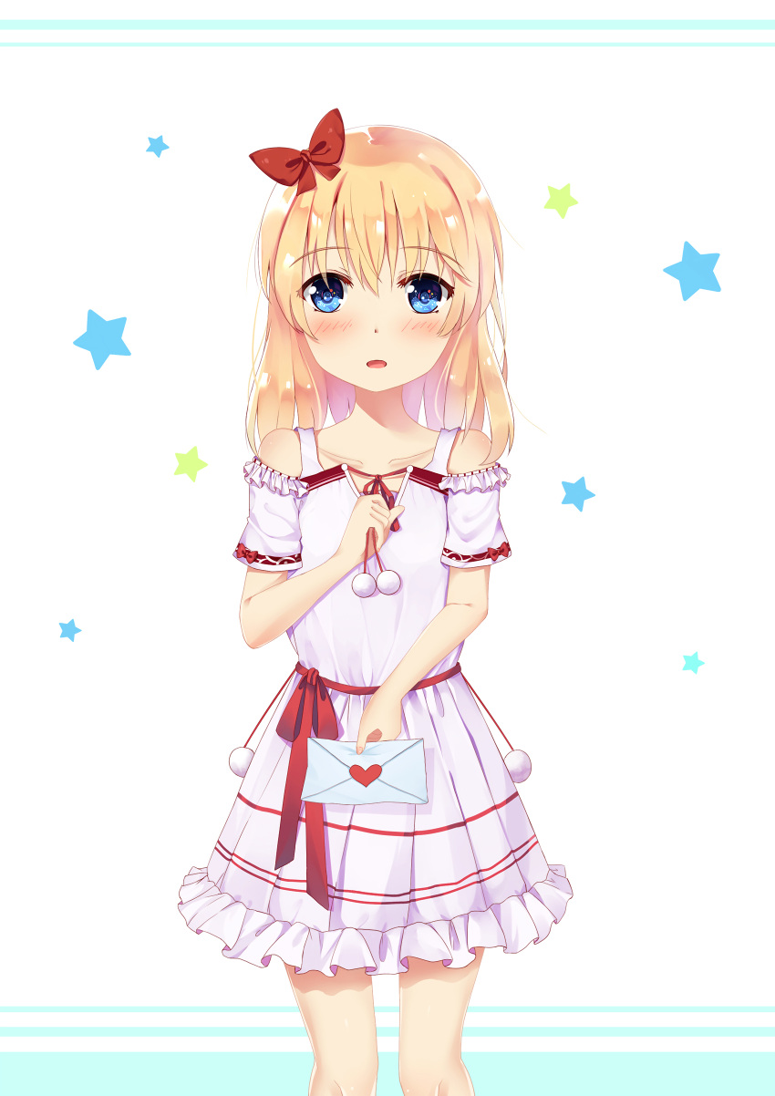 1girl absurdres akarin_(pixiv6123092) bangs bare_shoulders blonde_hair blue_eyes blush bow collarbone dress eyebrows_visible_through_hair frilled giving hair_between_eyes hair_ribbon heart highres holding holding_envelope letter long_hair looking_at_viewer love_letter original parted_lips red_bow red_ribbon ribbon short_sleeves smile solo star starry_background white_background white_dress