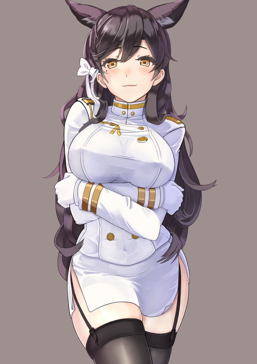1girl :d absurdres aiguillette animal_ears arm_at_side atago_(azur_lane) azur_lane bangs black_hair black_legwear breasts brown_eyes brown_footwear buttons commentary_request cowboy_shot epaulettes eyebrows_visible_through_hair eyelashes garter_straps gloves gradient gradient_background hair_ornament hair_ribbon half-closed_eyes hand_up hifumi_1235 highres large_breasts legs_together long_hair long_sleeves looking_at_viewer military military_uniform miniskirt mole mole_under_eye open_mouth panties pencil_skirt pulled_by_self ribbon side-tie_panties side_slit signature simple_background sitting skindentation skirt smile solo strap_pull swept_bangs tareme thigh-highs turtleneck underwear uniform untied untied_panties very_long_hair white_gloves white_ribbon white_skirt wide_hips yellow_eyes
