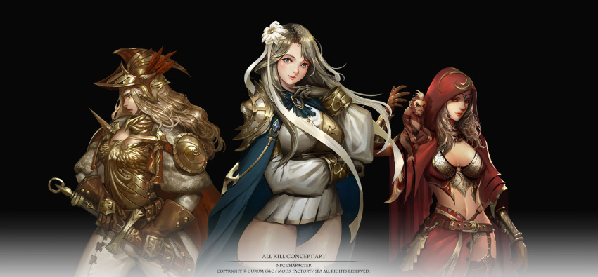 3girls all_kill animal animal_on_shoulder armor art_slow belt black_background black_gloves blue_eyes breast_lift breasts brown_gloves brown_hair cape cleavage concept_art copyright_name cowboy_shot feathers flower garter_straps gloves gradient gradient_background hair_flower hair_ornament hand_up helmet highres light_smile long_hair long_sleeves looking_at_viewer looking_to_the_side medium_breasts midriff monkey multiple_girls navel puffy_long_sleeves puffy_sleeves red_cape red_eyes red_hood sheath sheathed standing sword thigh-highs vambraces watermark weapon yellow_eyes