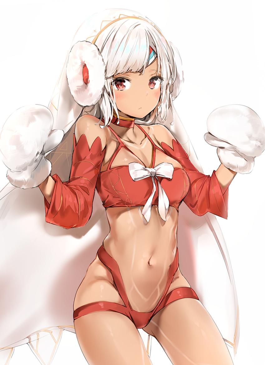 1girl altera_(fate) altera_the_santa bangs bare_shoulders blush breasts cleavage closed_mouth collarbone cowboy_shot dark_skin detached_sleeves earmuffs fate/grand_order fate_(series) gluteal_fold groin hands_up headband highres legs_apart light_frown long_sleeves looking_at_viewer medium_breasts midriff mittens navel red_choker red_eyes revealing_clothes revision santa_costume shiny shiny_skin short_hair sidelocks silver_(chenwen) silver_hair simple_background skindentation solo standing stomach swept_bangs tattoo thighs veil w_arms white_background