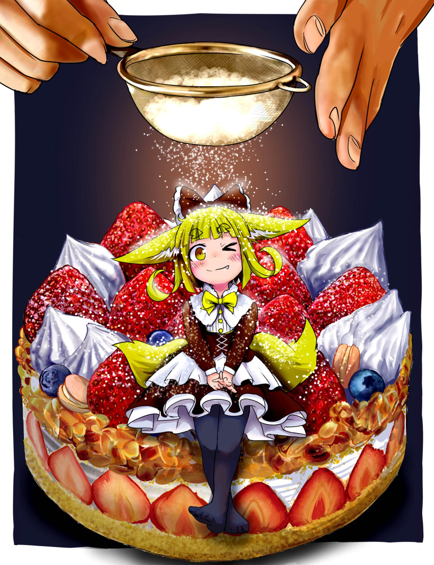 &gt;_o 1girl absurdres bangs blonde_hair blue_legwear blunt_bangs blush bow bowtie brown_dress cake commentary_request doitsuken dress ears_down fang fang_out fingernails food fox_child_(doitsuken) fox_tail fruit hair_bow hands_together highres in_food looking_at_viewer minigirl multiple_tails one_eye_closed pantyhose powdered_sugar sitting smile solo_focus strawberry strawberry_shortcake sugar tail two_tails yellow_eyes yellow_neckwear
