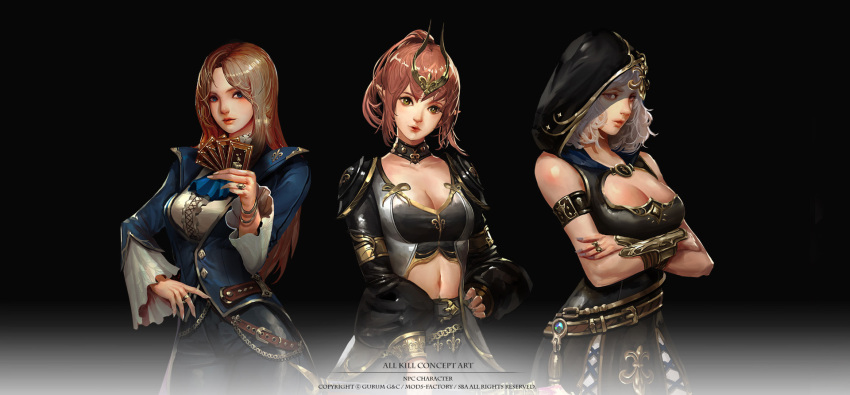 3girls all_kill armband art_slow belt black_background black_neckwear blue_eyes bracelet breasts brown_eyes brown_hair card cleavage concept_art copyright_name cowboy_shot crossed_arms gradient gradient_background grey_nails hand_on_hips headpiece highres hood jewelry long_hair looking_at_viewer medium_breasts multiple_girls nail_polish navel pointy_ears ring simple_background standing watermark white_hair