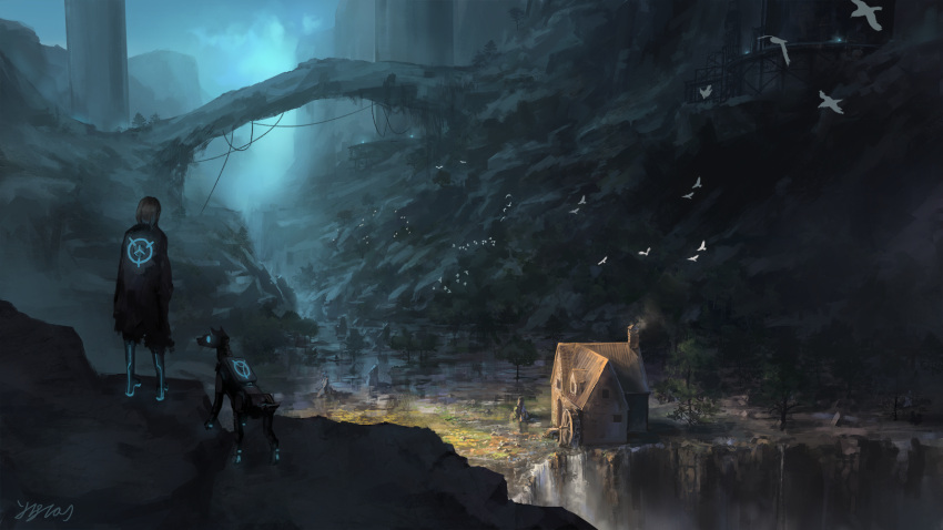 1girl bird bridge brown_hair cape commentary_request dog facing_away fantasy flock from_behind highres original outdoors robot science_fiction short_hair signature somei_yoshinori standing water water_wheel waterfall