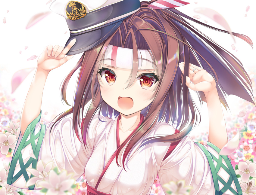 1girl :d brown_eyes collarbone commentary_request hachimaki hat headband high_ponytail japanese_clothes kantai_collection kimono light_brown_hair long_hair open_mouth peaked_cap petals pink_flower smile solo tenmu_shinryuusai white_flower white_kimono wide_sleeves yellow_flower zuihou_(kantai_collection)