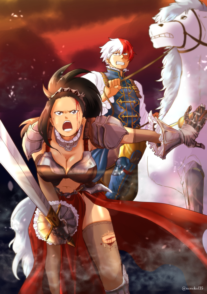 1boy 1girl absurdres armor artist_name artist_request bikini_armor blood blood_on_face bloody_clothes blue_eyes boku_no_hero_academia boots breasts brown_eyes cleavage clenched_teeth collar crown cuts european_clothes frilled_collar frills gloves grey_eyes heterochromia highres holding holding_sword holding_weapon horse injury large_breasts midriff multicolored_hair navel open_mouth ponytail prince red_skirt redhead reins serious skirt smoke spaulders sweat sword teeth thigh-highs todoroki_shouto torn_clothes torn_thighhighs two-tone_hair volcano warrior weapon white_hair white_horse yaoyorozu_momo