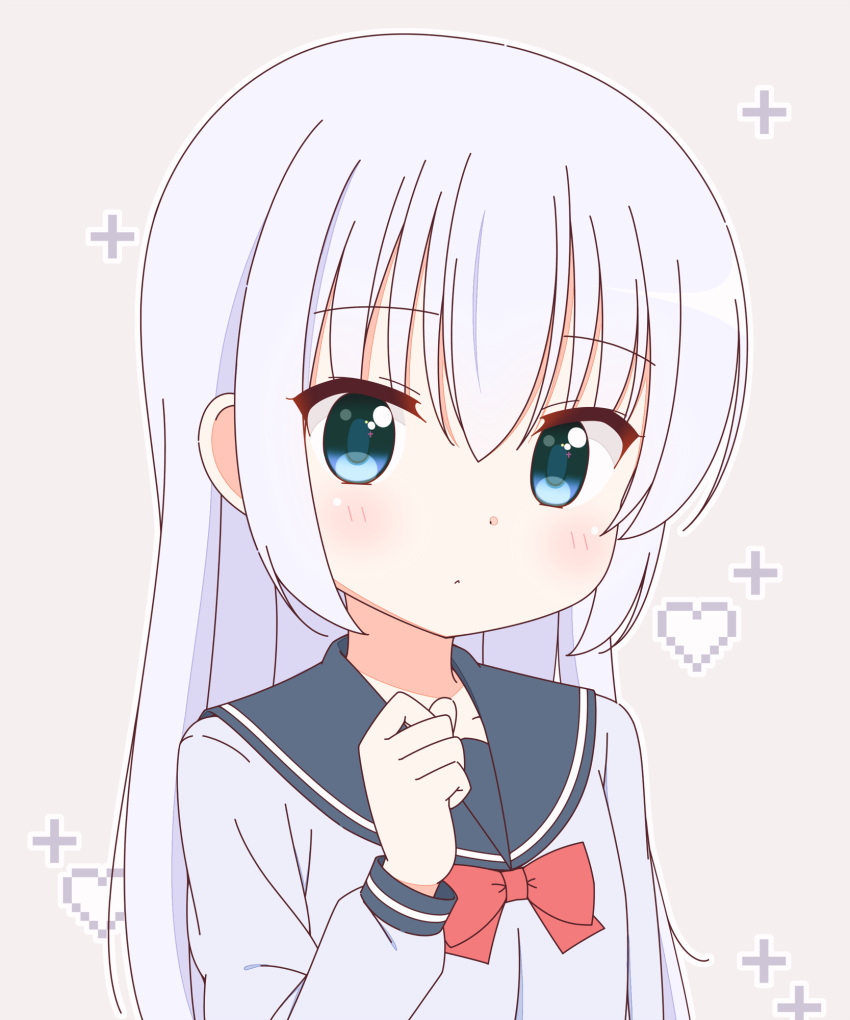 1girl blue_eyes blush bow closed_mouth collarbone eyebrows_visible_through_hair heart highres kurea_(a114019) long_hair long_sleeves looking_at_viewer original red_bow silver_hair solo upper_body