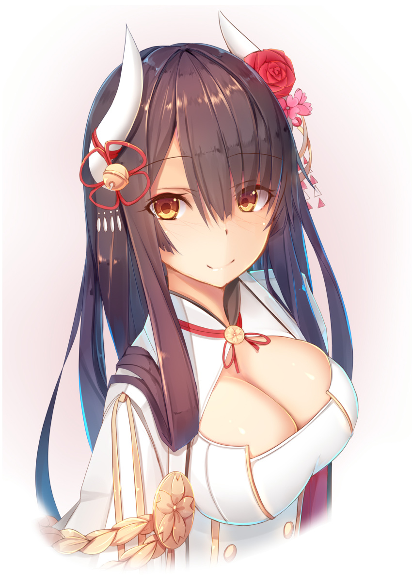 1girl azur_lane bangs black_hair blush breasts cleavage cleavage_cutout closed_mouth commentary_request cowboy_shot eyebrows_visible_through_hair flower hair_flower hair_ornament hiei_(azur_lane) highres horns large_breasts long_hair looking_at_viewer red_rose rose smile solo tatapopo upper_body yellow_eyes
