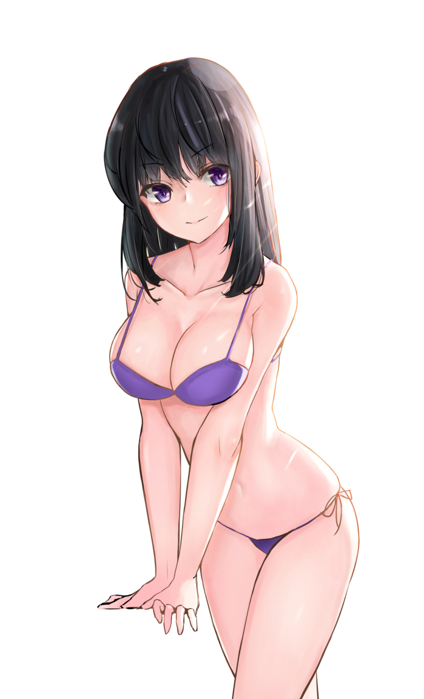 1girl backlighting bangs bare_arms bare_shoulders bikini blush breasts bright_pupils cleavage closed_mouth collarbone cowboy_shot cp_(tlstjdghek) eyebrows_visible_through_hair highres large_breasts leaning_forward light_rays long_hair navel original own_hands_together purple_bikini side-tie_bikini sidelocks simple_background skindentation smile solo standing sunbeam sunlight swimsuit thighs v-shaped_eyebrows v_arms white_background