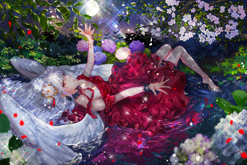 1girl angel_wings bare_shoulders breasts choker cleavage dress feathered_wings flower hair_flower hair_ornament highres kimpeul long_hair lying medium_breasts moon night on_back original outdoors outstretched_arms petals red_dress red_eyes red_ribbon ribbon silver_hair sky sleeveless sleeveless_dress smile solo sparkle star_(sky) starry_sky strapless strapless_dress white_flower white_wings wings wrist_cuffs