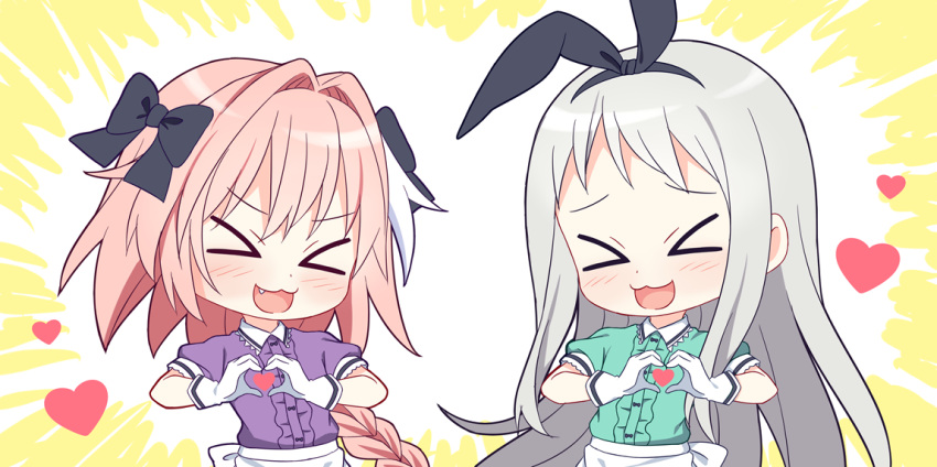 &gt;_&lt; 2boys :3 :d apron astolfo_(fate) bangs black_bow black_ribbon blend_s blouse blush bow braid center_frills chibi commentary crossover fang fate/apocrypha fate/grand_order fate_(series) gloves green_blouse grey_hair hair_bow hair_intakes hair_ribbon heart heart_hands kanzaki_hideri kitsuneco long_braid long_hair multiple_boys open_mouth pink_hair purple_blouse ribbon short_sleeves single_braid smile trait_connection trap upper_body x3 xd