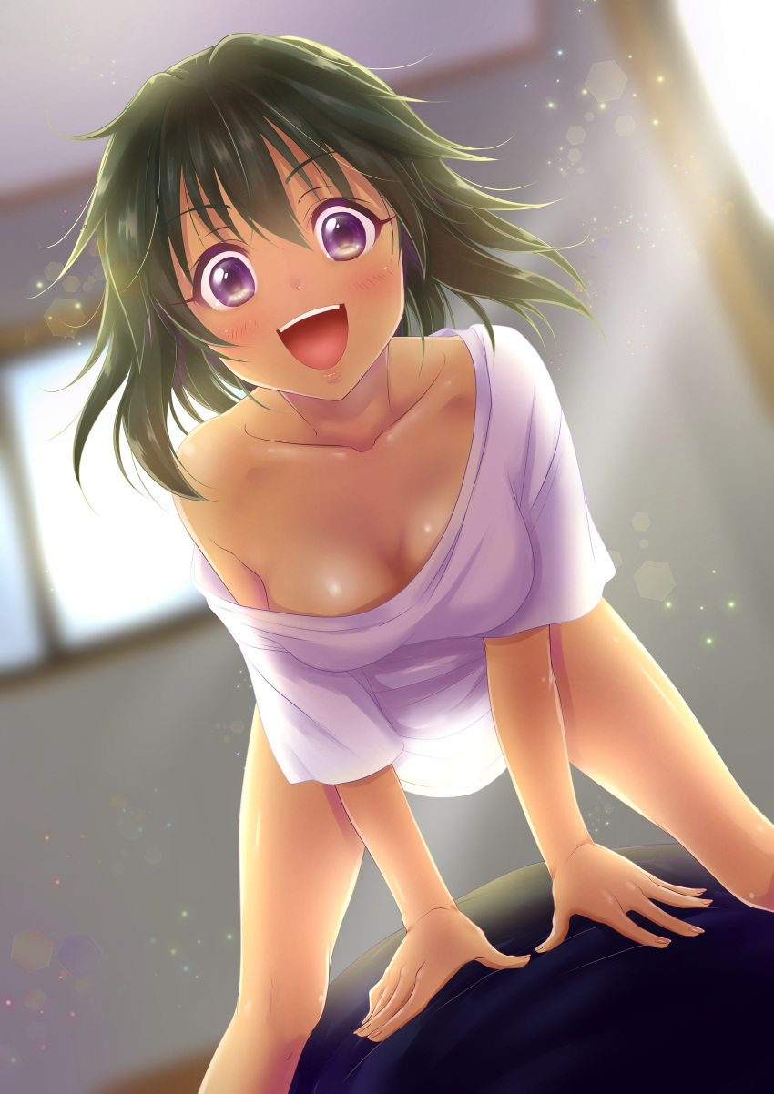 1girl :d absurdres bare_legs bedroom black_hair blue_eyes blurry blush bottomless breasts cleavage collarbone dark_skin depth_of_field dutch_angle eyebrows_visible_through_hair eyelashes fingernails hair_intakes highres idolmaster idolmaster_cinderella_girls indoors large_breasts leaning_forward light_particles lips looking_at_viewer messy_hair morning natalia_(idolmaster) open_mouth oversized_clothes pov shiny shiny_skin shirt short_hair smile solo_focus straddling teeth v-shaped_eyebrows waking_up white_shirt window yuki_sizuku