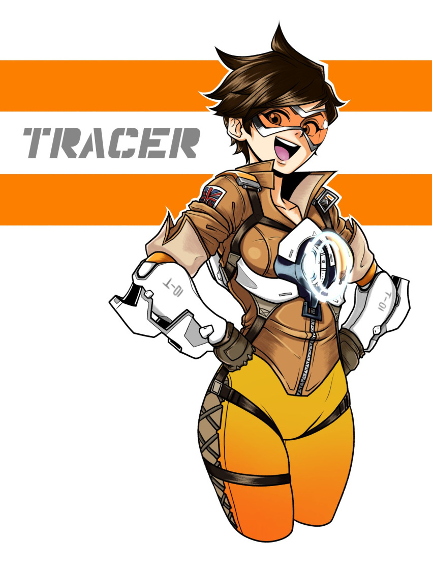 1girl :d black_gloves bomber_jacket breasts brown_eyes brown_hair character_name collarbone cropped_legs eron eyebrows_visible_through_hair gloves goggles hands_on_hips harness head_tilt highres jacket looking_at_viewer medium_breasts open_mouth overwatch short_hair smile solo tracer_(overwatch) union_jack white_background