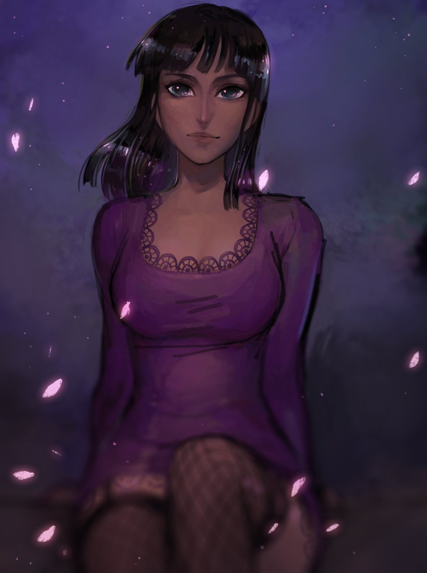 1girl absurdres bangs black_hair blue_eyes blunt_bangs blurry closed_mouth dark_skin dress garter_straps highres light_smile lips long_sleeves looking_at_viewer matilda_vin medium_hair nico_robin one_piece petals purple_dress shiny shiny_hair short_dress solo stitting thigh-highs upper_body zettai_ryouiki