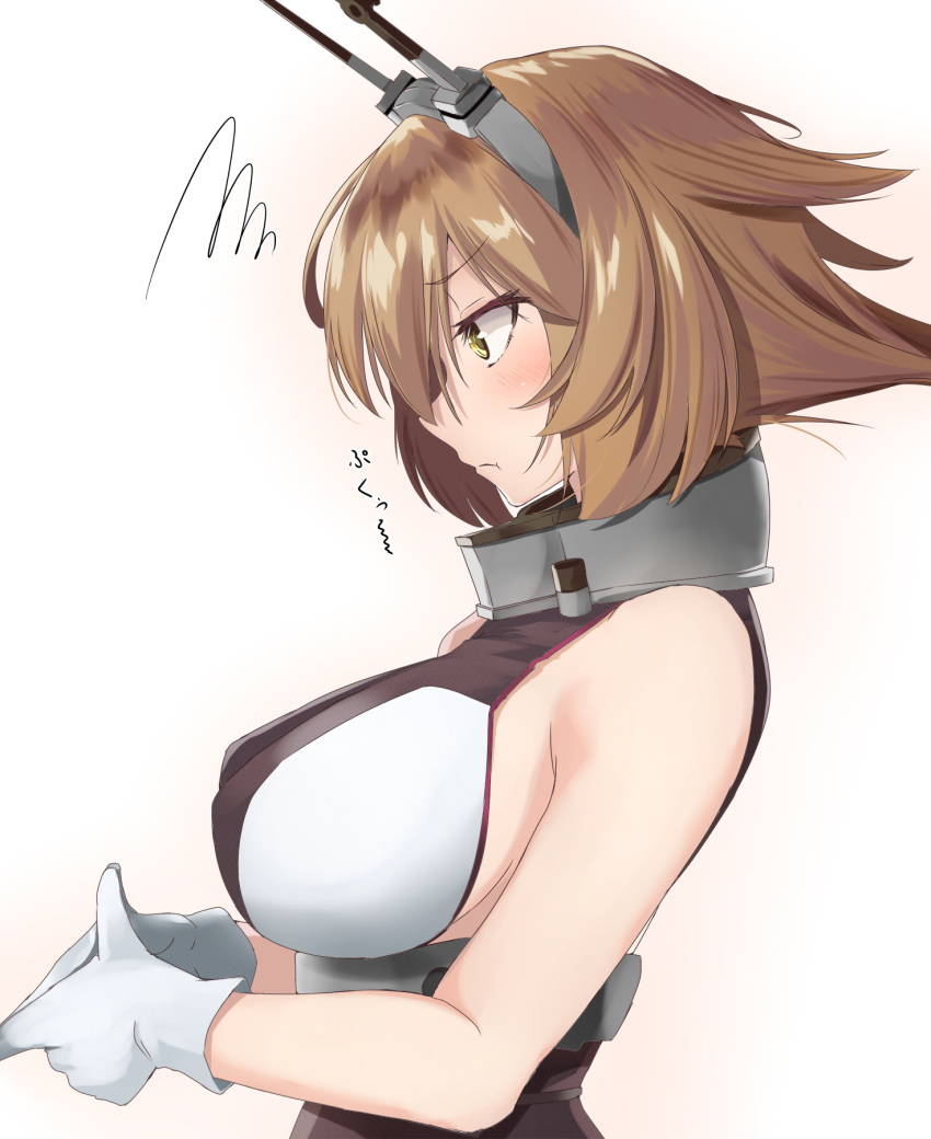 1girl bangs bare_shoulders blush breasts brown_hair closed_mouth collar flipped_hair gloves green_eyes hair_between_eyes hands_together headgear highres kantai_collection large_breasts looking_to_the_side mutsu_(kantai_collection) ninoude_(ninoude44) short_hair sideboob simple_background solo upper_body white_background white_gloves