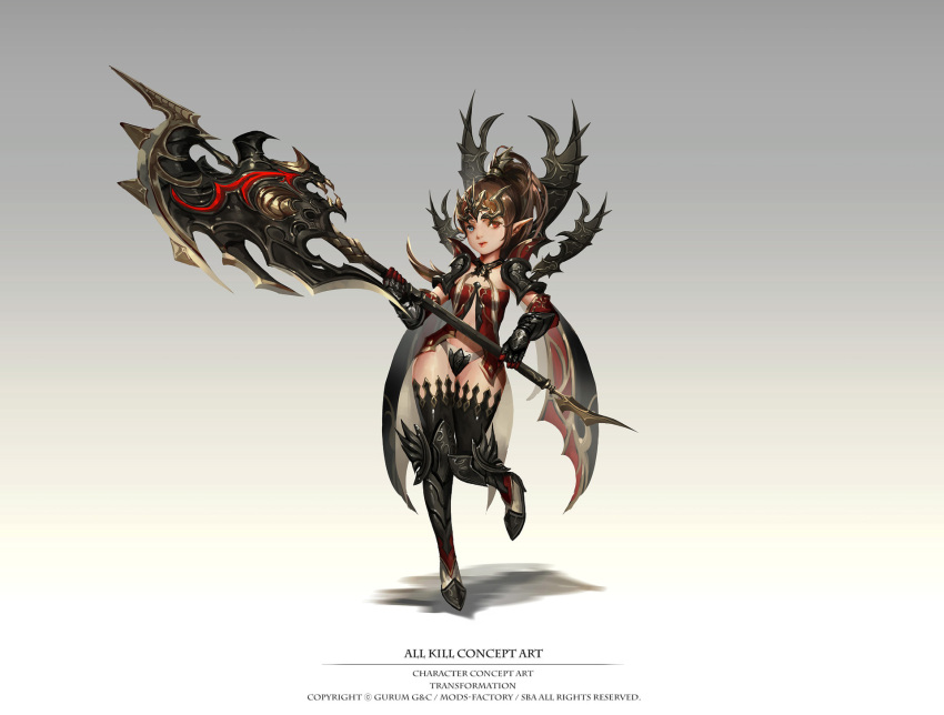 1girl all_kill armor art_slow axe black_legwear boots brown_hair concept_art copyright_name full_body gauntlets gradient gradient_background grey_background heterochromia highres holding holding_weapon looking_at_viewer midriff panties pointy_ears polearm ponytail shoulder_armor solo standing standing_on_one_leg thigh-highs tiara underwear watermark weapon