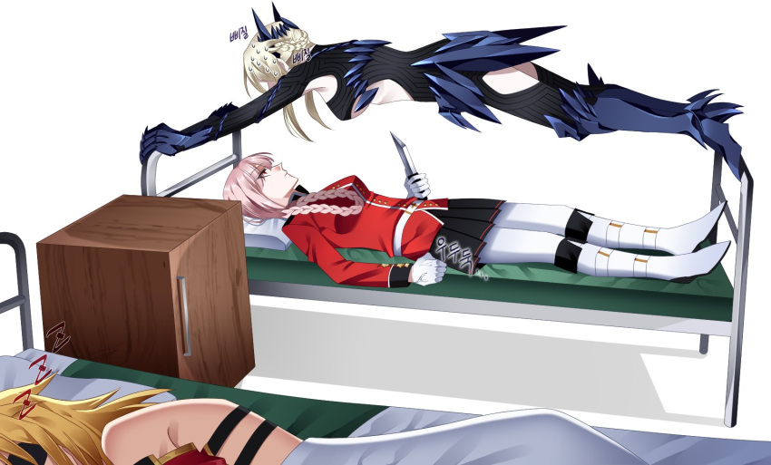 3girls anger_vein artoria_pendragon_(all) artoria_pendragon_(lancer_alter) black_skirt blonde_hair breasts clenched_hand commentary_request derivative_work fate/grand_order fate_(series) florence_nightingale_(fate/grand_order) gauntlets highres hochikass holding holding_knife horns knife korean long_sleeves looking_at_another lying mordred_(fate) mordred_(fate)_(all) multiple_girls on_back on_bed red_eyes shadow sideboob skirt sleeping sweat translation_request white_background yuri