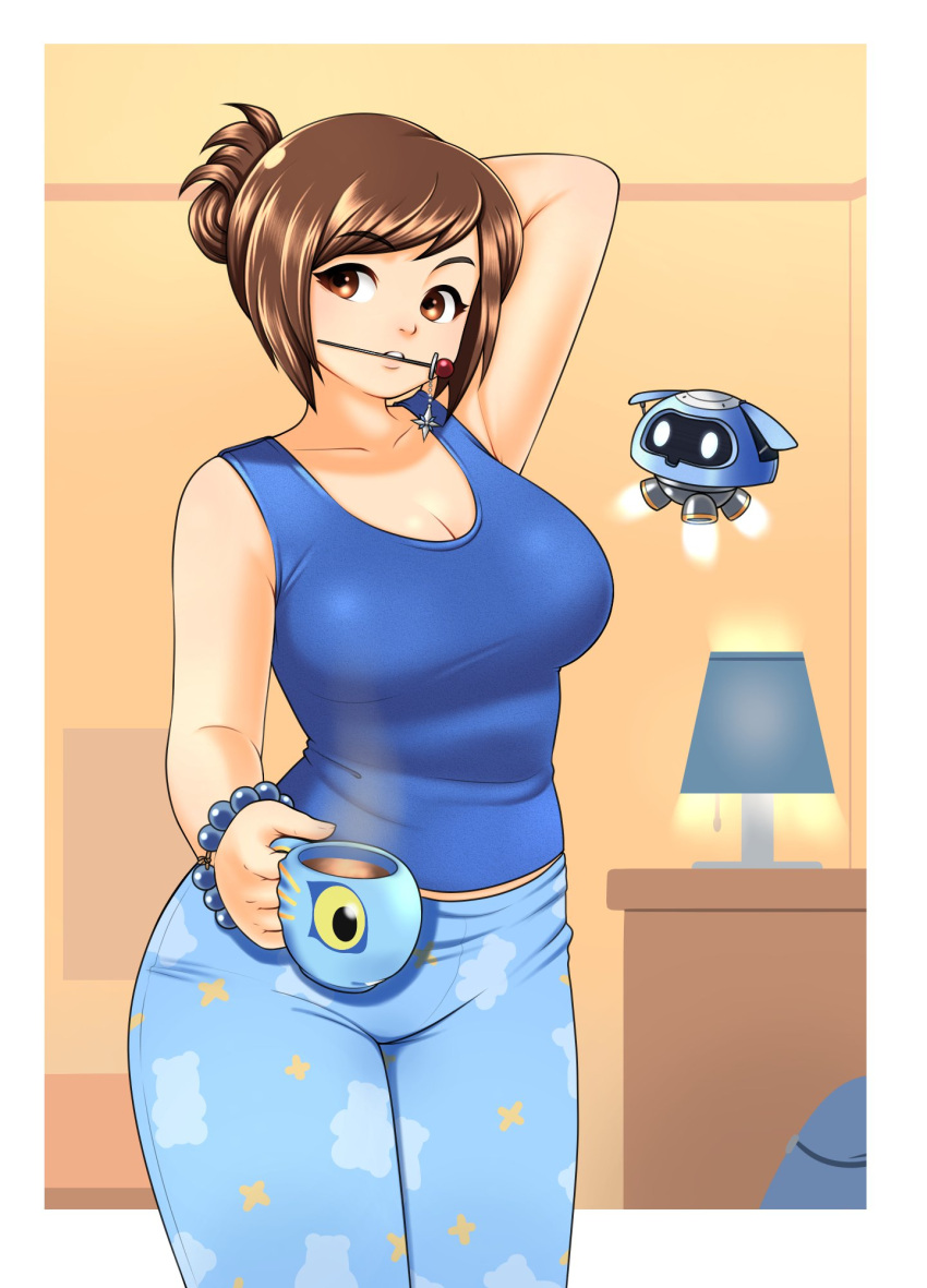 1girl arm_behind_head arm_up bangs blue_pants blue_shirt border bracelet breasts brown_eyes brown_hair casual cleavage cloud_print collarbone cowboy_shot cup eron eyebrows_visible_through_hair hair_ornament hairpin head_tilt highres holding indoors jewelry lamp large_breasts looking_at_viewer mei_(overwatch) mouth_hold mug outside_border overwatch pants shirt sleeveless sleeveless_shirt snowball_(overwatch) star star_print steam swept_bangs tank_top