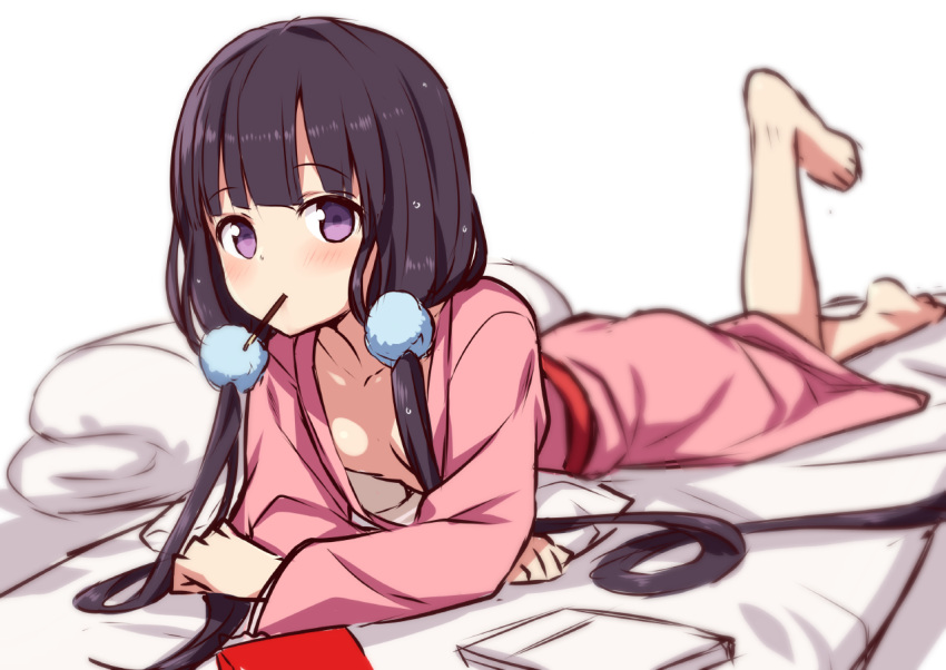 1girl bangs barefoot blend_s blunt_bangs blurry blurry_background blush breasts commentary_request depth_of_field eyebrows_visible_through_hair food hiraga_matsuri long_hair long_sleeves looking_at_viewer low_twintails lying mouth_hold naked_kimono no_bra on_stomach pocky purple_hair sakuranomiya_maika simple_background small_breasts solo towel twintails very_long_hair violet_eyes white_background