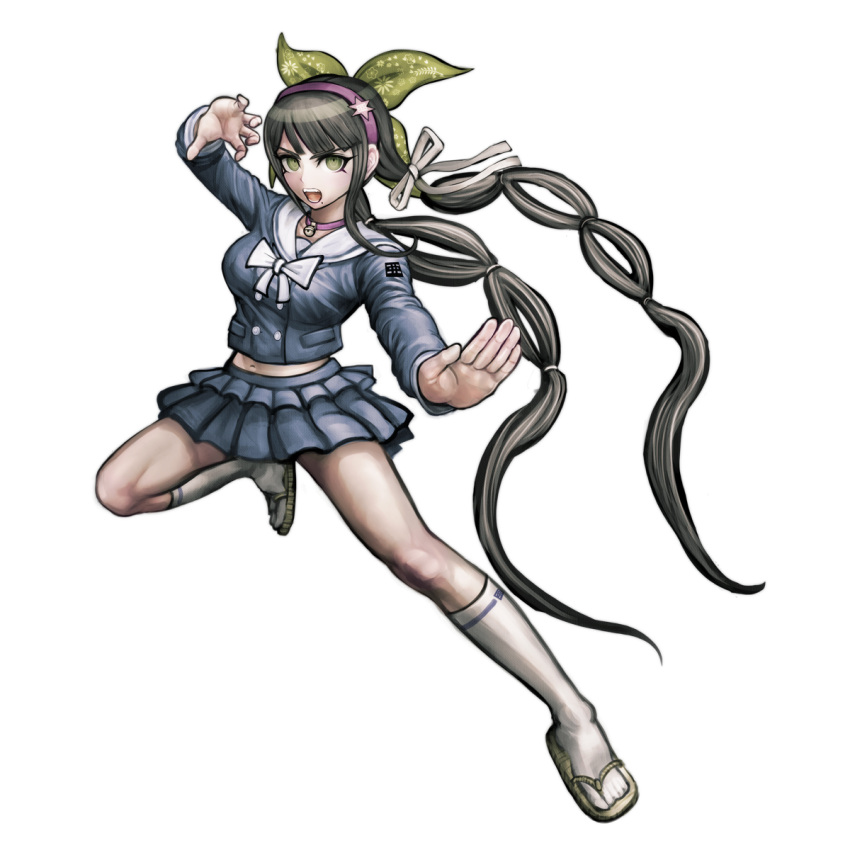 1girl black_hair bow breasts chabashira_tenko choker dangan_ronpa eyelashes flip-flops green_eyes hair_ornament hair_ribbon hairband highres kneehighs komatsuzaki_rui layered_skirt long_hair looking_at_viewer midriff miniskirt mole mole_under_mouth navel new_dangan_ronpa_v3 official_art open_mouth outstretched_arm pleated_skirt ribbon sandals school_uniform serafuku skirt solo twintails white_legwear