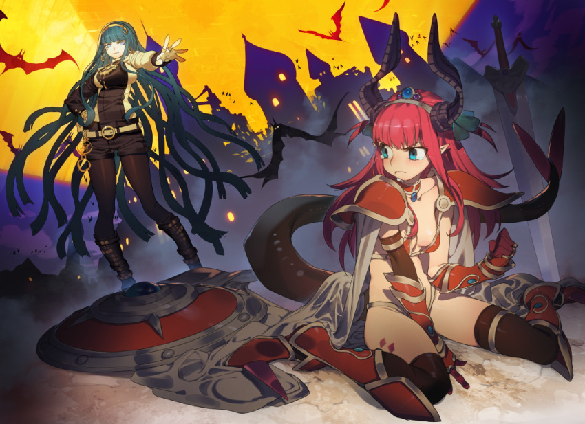 2girls armor bat belt bikini_armor black_gloves black_legwear blue_eyes blush boots breasts cape cleavage clenched_hand cleopatra_(fate/grand_order) dragon_horns dragon_tail earrings elbow_gloves elizabeth_bathory_(brave)_(fate) elizabeth_bathory_(fate) elizabeth_bathory_(fate)_(all) fate/grand_order fate_(series) gauntlets gloves greaves green_hair hairband hand_on_hip horns jewelry long_hair long_tail mole mole_under_eye multiple_girls pantyhose pauldrons pink_hair pointy_ears pyramid ryota-h shield shorts sitting smile tail tears thigh-highs tiara very_long_hair wariza