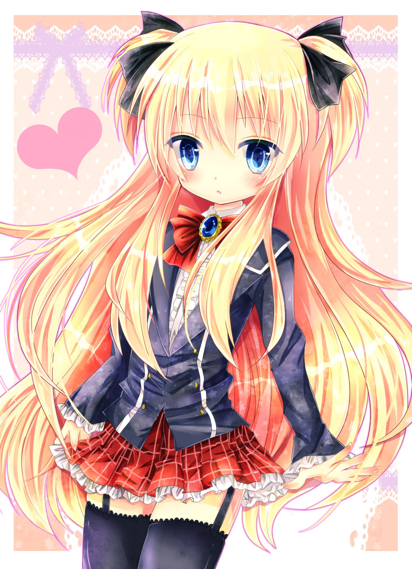 1girl absurdres bangs black_blazer black_legwear black_ribbon blazer blonde_hair blue_eyes blush bow bowtie brooch center_frills commentary_request cowboy_shot eyebrows_visible_through_hair frilled_skirt frills funakoshi garter_straps hair_between_eyes hair_ribbon highres jacket jewelry long_hair long_sleeves looking_at_viewer parted_lips plaid plaid_skirt pleated_skirt quiz_magic_academy red_neckwear red_skirt ribbon shalon shirt skindentation skirt skirt_hold solo thigh-highs two_side_up very_long_hair white_shirt