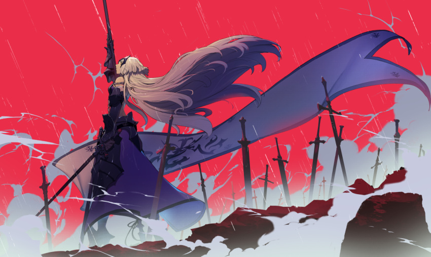 1girl arm_up armor bangs fate/grand_order fate_(series) faulds floating_hair from_side grey_hair headpiece holding holding_sword holding_weapon janne_d'arc jeanne_d'arc_(alter)_(fate) jeanne_d'arc_(fate)_(all) long_hair outdoors planted_sword planted_weapon red_background ryota-h solo standard_bearer sword vambraces very_long_hair weapon