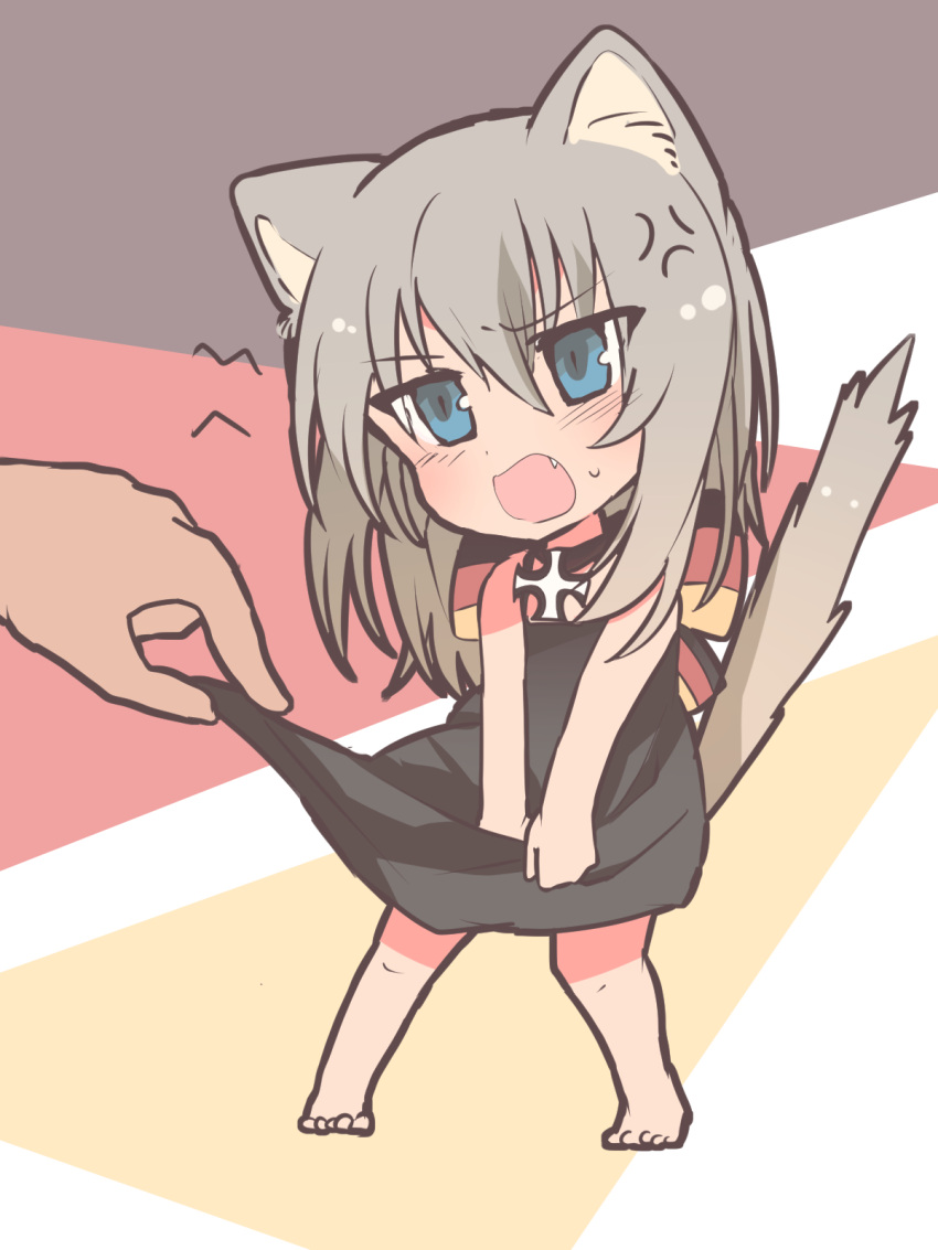 1girl anger_vein angry animal_ears barefoot black_dress blue_eyes bow cat_ears cat_tail dress dress_lift dress_tug eyebrows_visible_through_hair fang flag_background flag_print fume german_flag girls_und_panzer highres iron_cross itsumi_erika kemonomimi_mode lifted_by_another long_hair medium_dress miluke minigirl multicolored_bow open_mouth silver_hair standing tail tail_raised