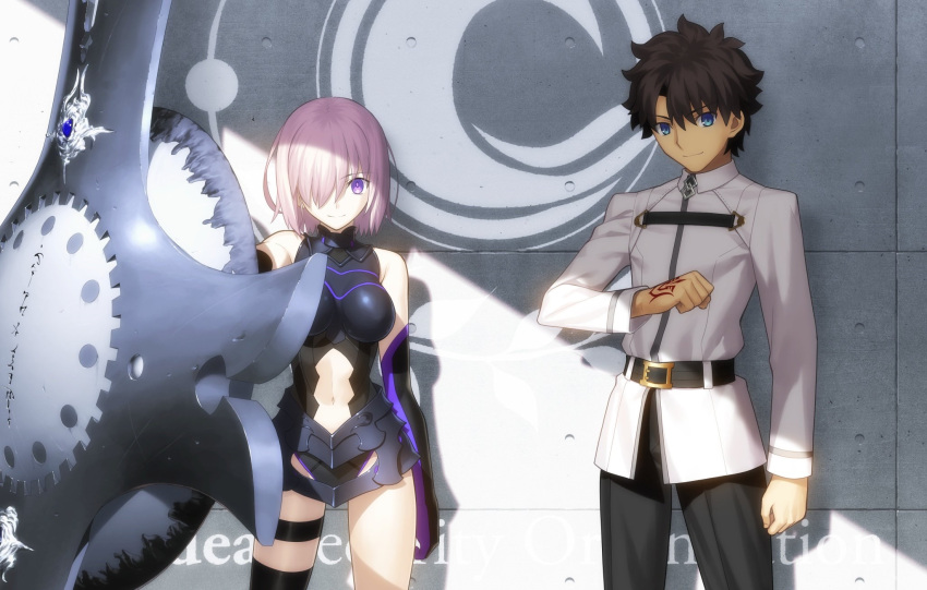 1boy 1girl against_wall arm_at_side bare_shoulders belt belt_buckle black_gloves black_legwear black_leotard black_pants blue_eyes breasts brown_hair buckle closed_mouth command_spell cowboy_shot elbow_gloves eyebrows_visible_through_hair fate/grand_order fate_(series) fujimaru_ritsuka_(male) gloves hair_over_one_eye highres legs_apart leotard looking_at_viewer mash_kyrielight medium_breasts navel official_art oversized_object pants pink_hair scan shield short_hair single_thighhigh skirt smile standing stomach sunlight takeuchi_takashi thigh-highs thigh_strap thighs uniform violet_eyes white_skirt