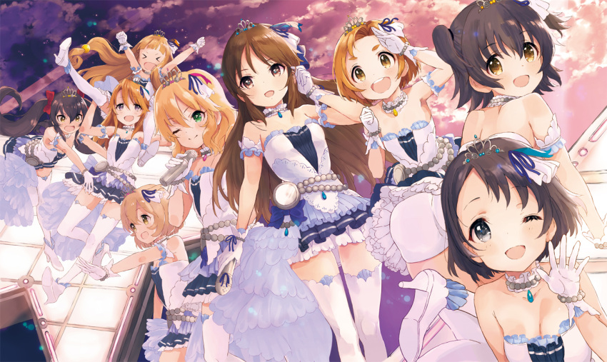 &gt;_&lt; 6+girls :d akagi_miria arm_at_side arm_cuffs armpits bangs bare_shoulders black_hair blonde_hair blue_ribbon blue_skirt blunt_bangs boots bow bracelet breasts brown_eyes brown_hair carrying catching choker cleavage clenched_hand closed_eyes closed_mouth clouds cloudy_sky dress eyebrows_visible_through_hair falling from_behind gloves green_eyes grey_eyes hair_between_eyes hair_bobbles hair_bow hair_ornament hair_ribbon hand_to_head high_heel_boots high_heels holding holding_microphone ichihara_nina idolmaster idolmaster_cinderella_girls idolmaster_cinderella_girls_starlight_stage jewelry koga_koharu layered_dress leaning_forward long_hair looking_at_viewer looking_away looking_back looking_up low-tied_long_hair matoba_risa microphone morning multiple_girls necklace one_eye_closed one_leg_raised open_mouth orange_hair outdoors outstretched_arm outstretched_arms outstretched_leg pearl pearl_bracelet pearl_necklace pendant piggyback platform red_bow ribbon round_teeth ryuuzaki_kaoru sakurai_momoka sasaki_chie short_eyebrows short_hair short_twintails shorts shoulder_blades skirt sky small_breasts smile standing standing_on_one_leg star star_(sky) starry_sky_bright strapless strapless_dress sunrise swept_bangs tachibana_arisu teeth tetsujin_momoko thigh-highs tiara trait_connection twintails upskirt v-shaped_eyebrows violet_eyes waving wavy_hair white_choker white_dress white_footwear white_gloves white_legwear white_shorts yellow_eyes yuuki_haru zettai_ryouiki