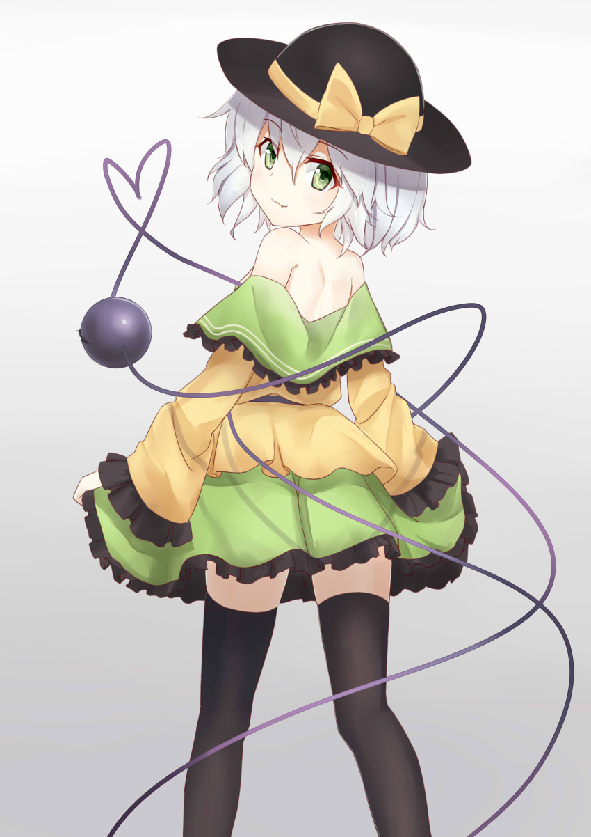 1girl absurdres back bare_shoulders black_hat black_legwear bow eyeball fang green_eyes green_hair green_skirt grey_background hat hat_bow hat_ribbon heart heart_of_string highres komeiji_koishi long_sleeves looking_at_viewer lulumiya_(abbb1233) ribbon shirt shirt_pull skirt smile solo string thigh-highs third_eye touhou wide_sleeves