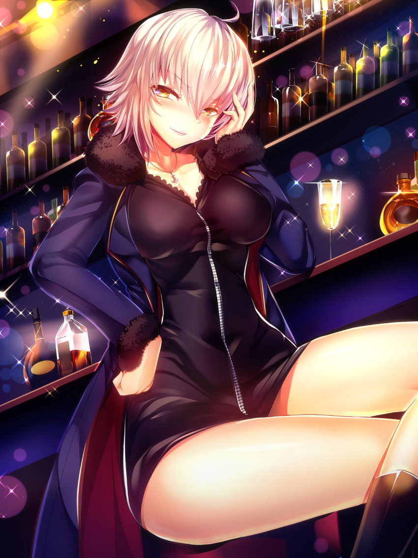 1girl ahoge alcohol blonde_hair bottle breasts chair commentary_request cup fate/grand_order fate_(series) hair_between_eyes highres holding indoors jacket jeanne_d'arc_(alter)_(fate) jeanne_d'arc_(fate)_(all) large_breasts legs_crossed long_sleeves looking_at_viewer miniskirt short_hair silly_(marinkomoe) sitting skirt smile solo table thighs wine wine_bottle yellow_eyes