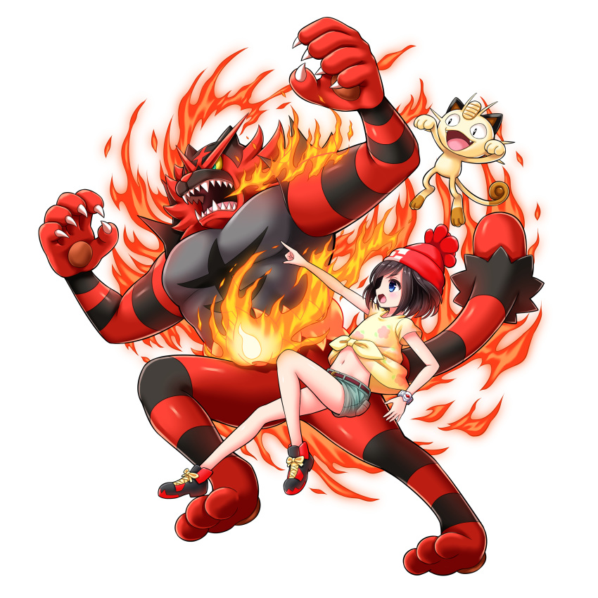 1girl absurdres beanie belt black_hair blue_eyes bluebird_(bluebird90) fire green_shorts hat highres incineroar meowth mizuki_(pokemon_sm) open_mouth pointing pointing_forward pokemon pokemon_(creature) pokemon_(game) pokemon_sm red_hat shirt short_hair short_sleeves shorts simple_background tied_shirt white_background z-ring