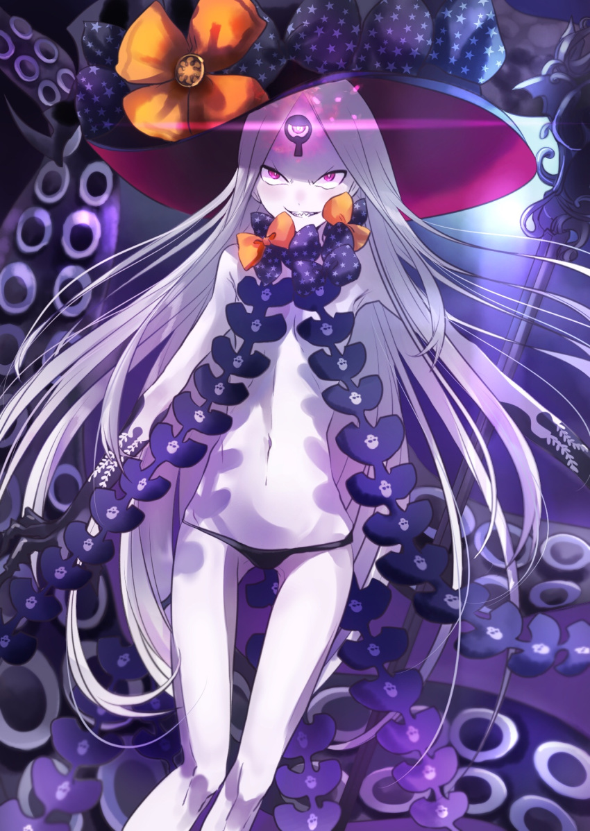 1girl abigail_williams_(fate/grand_order) bangs black_bow black_gloves black_hat black_panties bow commentary_request dutch_angle elbow_gloves fate/grand_order fate_(series) gloves glowing grin hat hat_bow highres kayanogura long_hair looking_at_viewer navel orange_bow pale_skin panties parted_bangs pink_eyes print_bow revealing_clothes sharp_teeth smile solo star star_print suction_cups teeth tentacle topless underwear very_long_hair white_hair witch_hat