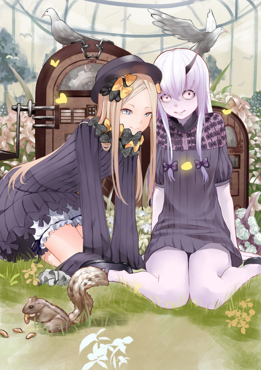 2girls abigail_williams_(fate/grand_order) animal arm_support bangs bird black_bow black_dress black_footwear black_hat blonde_hair bloomers blue_eyes bow butterfly closed_mouth commentary dress eating fate/grand_order fate_(series) flower grass greenhouse hair_between_eyes hair_bow hat highres horn indoors jukebox kneeling lavinia_whateley_(fate/grand_order) long_hair long_sleeves looking_at_viewer multiple_girls nonh_(wormoftank) on_grass orange_bow parted_bangs polka_dot polka_dot_bow red_eyes shoes sitting sleeves_past_wrists smile squirrel underwear very_long_hair wariza white_bloomers white_flower white_hair wide-eyed