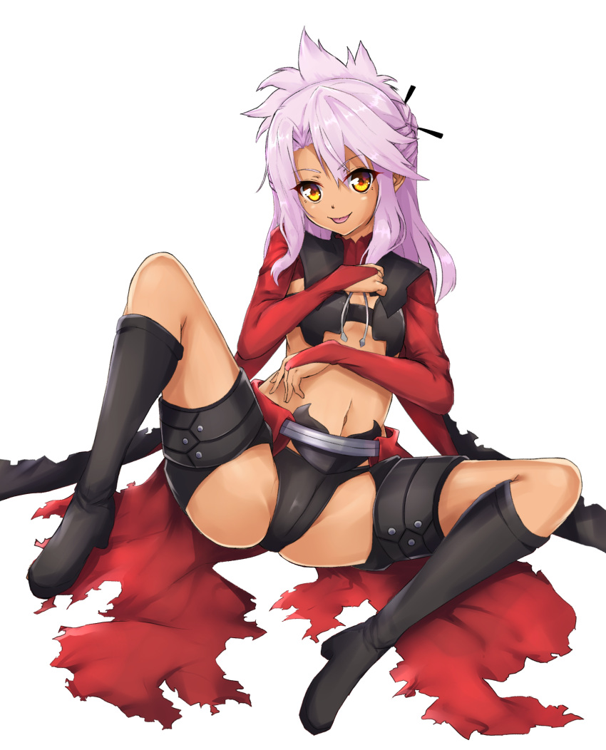 1girl :p ass bandeau bangs black_footwear black_panties boots bridal_gauntlets chloe_von_einzbern fate/kaleid_liner_prisma_illya fate_(series) flugel_(kaleido_scope-710) folded_ponytail full_body hair_ornament hair_stick highres knee_boots long_hair looking_at_viewer navel panties parted_bangs pink_hair showgirl_skirt shrug_(clothing) simple_background sitting solo spread_legs thigh_strap tongue tongue_out type-moon underwear white_background yellow_eyes