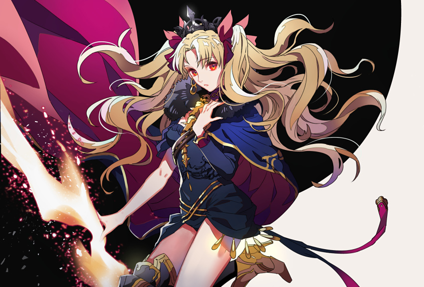 1girl black_dress blonde_hair boots bow cape closed_mouth crown dress ereshkigal_(fate/grand_order) eyebrows_visible_through_hair fate/grand_order fate_(series) floating_hair hair_bow high_heel_boots high_heels highres holding long_hair looking_at_viewer red_cape red_eyes solo thigh-highs thigh_boots tohsaka_rin twintails two-tone_background yosi135
