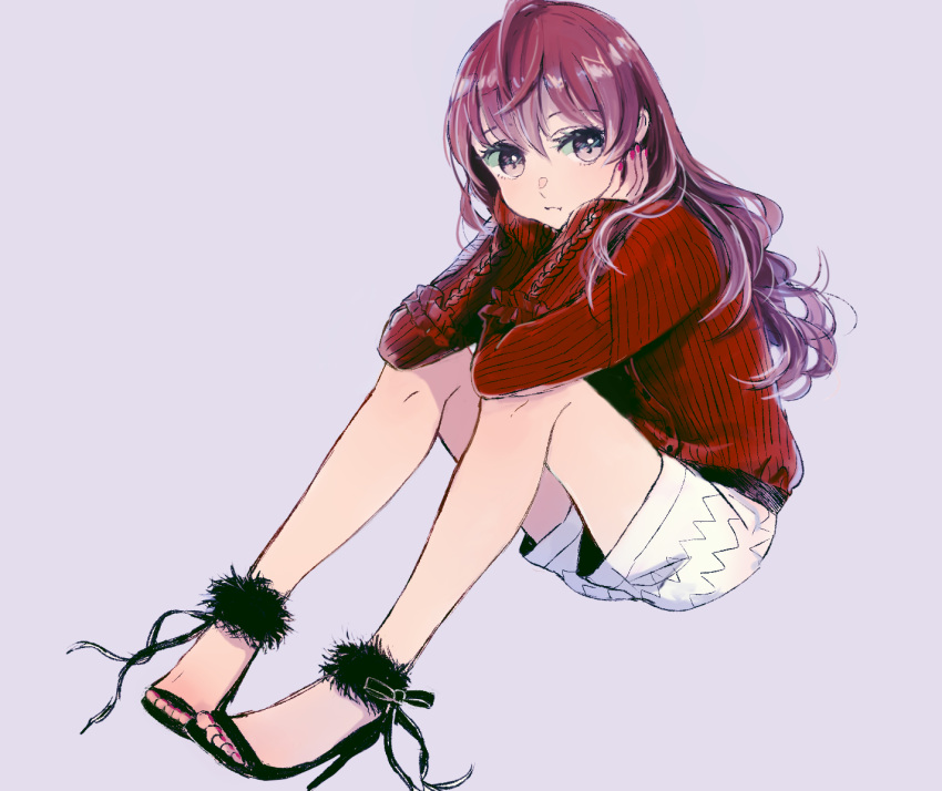 1girl ahoge alternate_costume bangs black_footwear black_ribbon buttons closed_mouth elbows_on_knees full_body fur_trim grey_eyes hair_between_eyes hands_on_own_face head_rest high_heels ichinose_shiki idolmaster idolmaster_cinderella_girls light_frown long_hair looking_at_viewer messy_hair nail_polish pout purple_hair red_sweater ribbed_sweater ribbon shibashino_(skirtlifting) shoe_ribbon shorts simple_background sitting sleeves_past_wrists solo sweater toenail_polish wavy_hair white_shorts