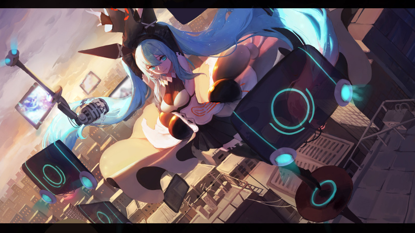 1girl absurdres armpits arms_up black_footwear black_hairband black_skirt blue_eyes blue_hair boots breasts building city clouds cloudy_sky detached_sleeves dutch_angle floating floating_hair floating_object forever_7th_capital full_body gods_(1073337800) hairband hatsune_miku highres letterboxed light_particles long_sleeves looking_at_viewer medium_breasts microphone outdoors parted_lips pleated_skirt rooftop screen shirt sidelocks skirt sky smile solo sunlight thigh-highs thigh_boots transparent twilight twintails vocaloid white_shirt wind zettai_ryouiki