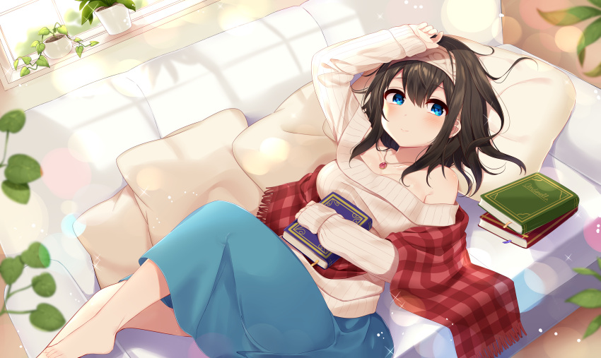 1girl barefoot black_hair blue_eyes blush book breasts hairband highres holding holding_book jewelry large_breasts long_hair looking_at_viewer mafuyu_(chibi21) necklace off-shoulder_sweater ribbed_sweater sagisawa_fumika shawl skirt solo sweater