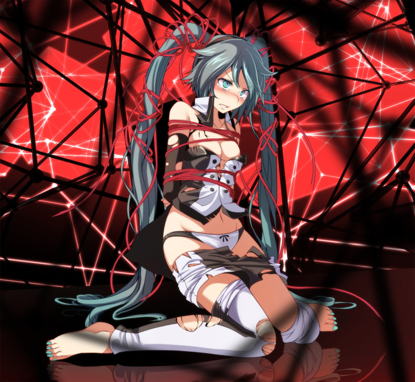 1girl alternate_hair_color aqua_eyes aqua_nails bare_shoulders barefoot bdsm blue_nails blush bondage bound bow bow_panties breasts cable cleavage crying detached_sleeves groin hatsune_miku highres nail_polish panties project_diva_(series) shirt skirt small_breasts solo torn_clothes torn_shirt torn_skirt torn_sleeves tsukishiro_saika twintails underwear vocaloid
