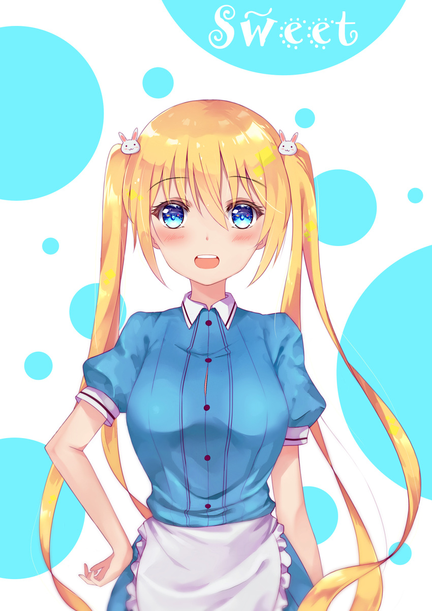 1girl :d akarin_(pixiv6123092) apron arm_at_side bangs blend_s blonde_hair blue_eyes blue_shirt blue_skirt blush breasts bunny_hair_ornament collared_shirt commentary_request dress_shirt eyebrows_visible_through_hair frilled_apron frills hair_between_eyes hair_ornament hand_on_hip highres hinata_kaho large_breasts long_hair open_mouth polka_dot polka_dot_background puffy_short_sleeves puffy_sleeves shirt short_sleeves skirt smile solo stile_uniform uniform upper_teeth very_long_hair waist_apron waitress white_apron white_background