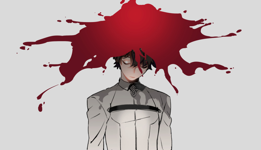 1boy black_hair blood blood_splatter closed_eyes closed_mouth collared_jacket facing_viewer fate/grand_order fate_(series) fujimaru_ritsuka_(male) grey_background jacket long_sleeves male_focus short_hair simple_background solo upper_body wing_collar yosi135
