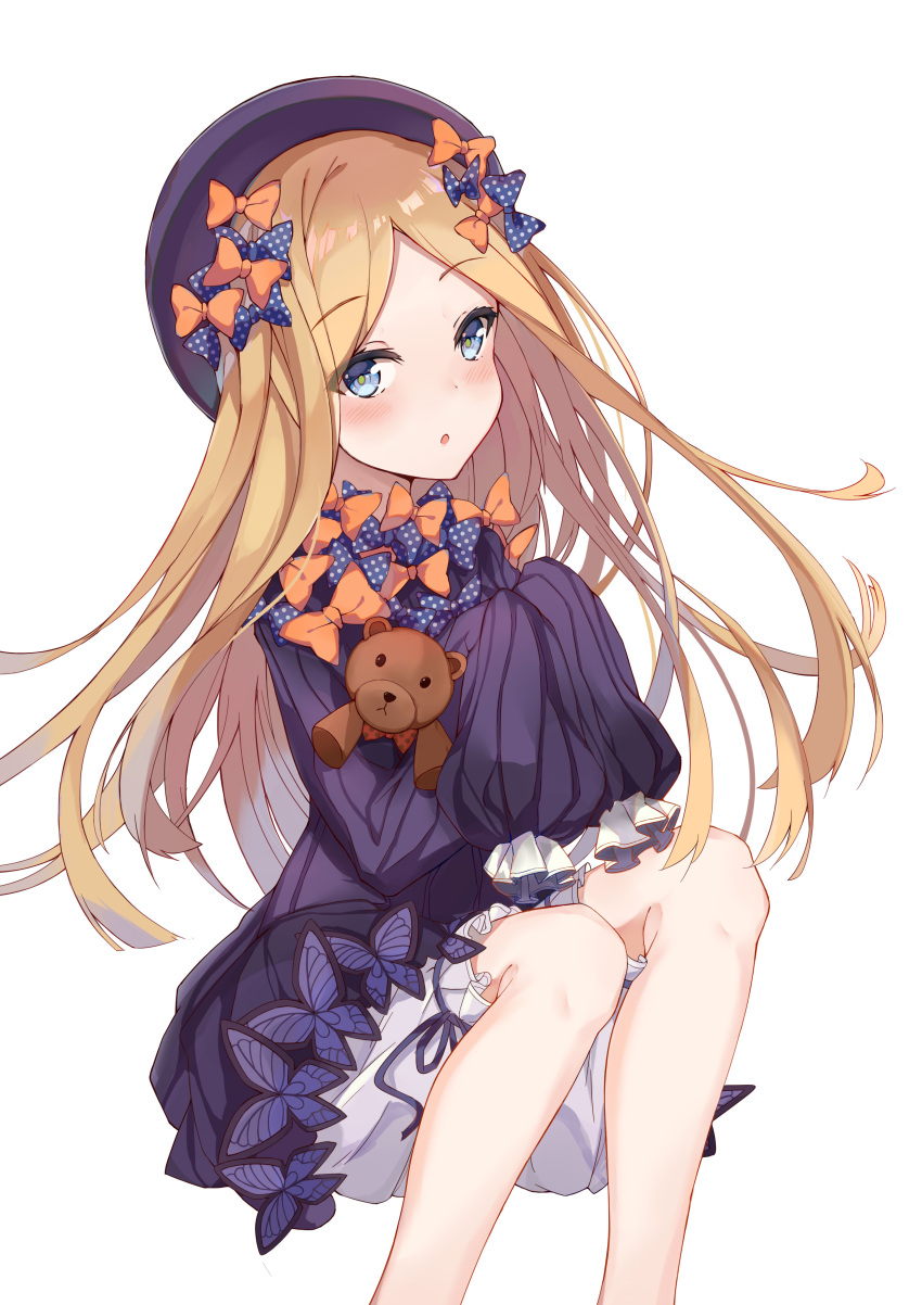 1girl :o abigail_williams_(fate/grand_order) absurdres bangs black_bow black_dress black_hat blonde_hair bloomers blue_eyes blush bow butterfly commentary_request dress eyebrows_visible_through_hair fate/grand_order fate_(series) hair_bow hat highres long_sleeves looking_at_viewer object_hug orange_bow parted_bangs parted_lips polka_dot polka_dot_bow simple_background sitting sleeves_past_wrists solo stuffed_animal stuffed_toy teddy_bear underwear usagi_an white_background white_bloomers